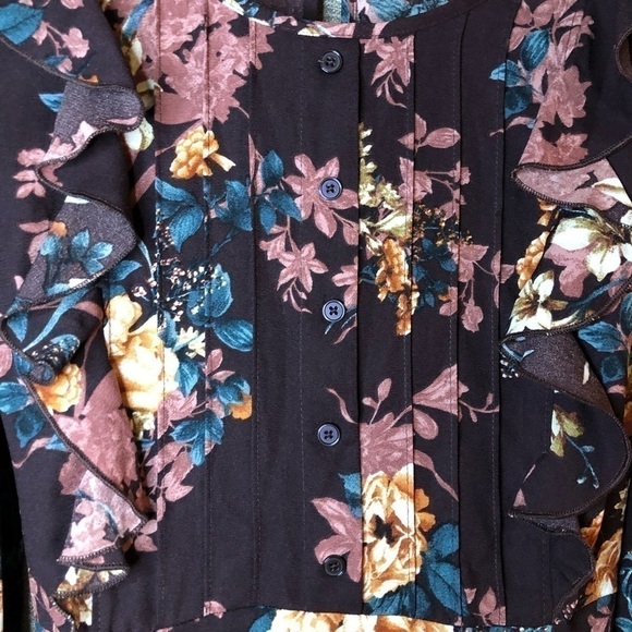 Xhiliration Wine Floral Print Long Sleeve Scoop Neck Ruffle Front Dress Medium - Picture 9 of 16